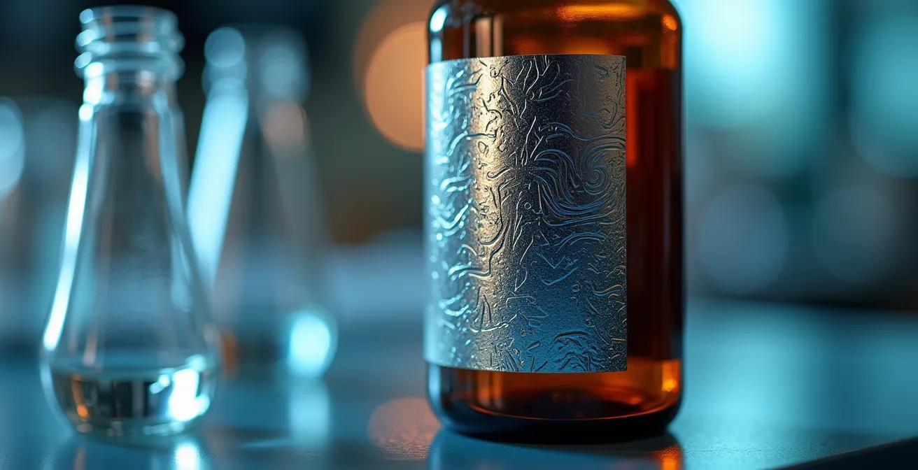 Vue macro d'une étiquette de complément alimentaire montrant les mentions obligatoires