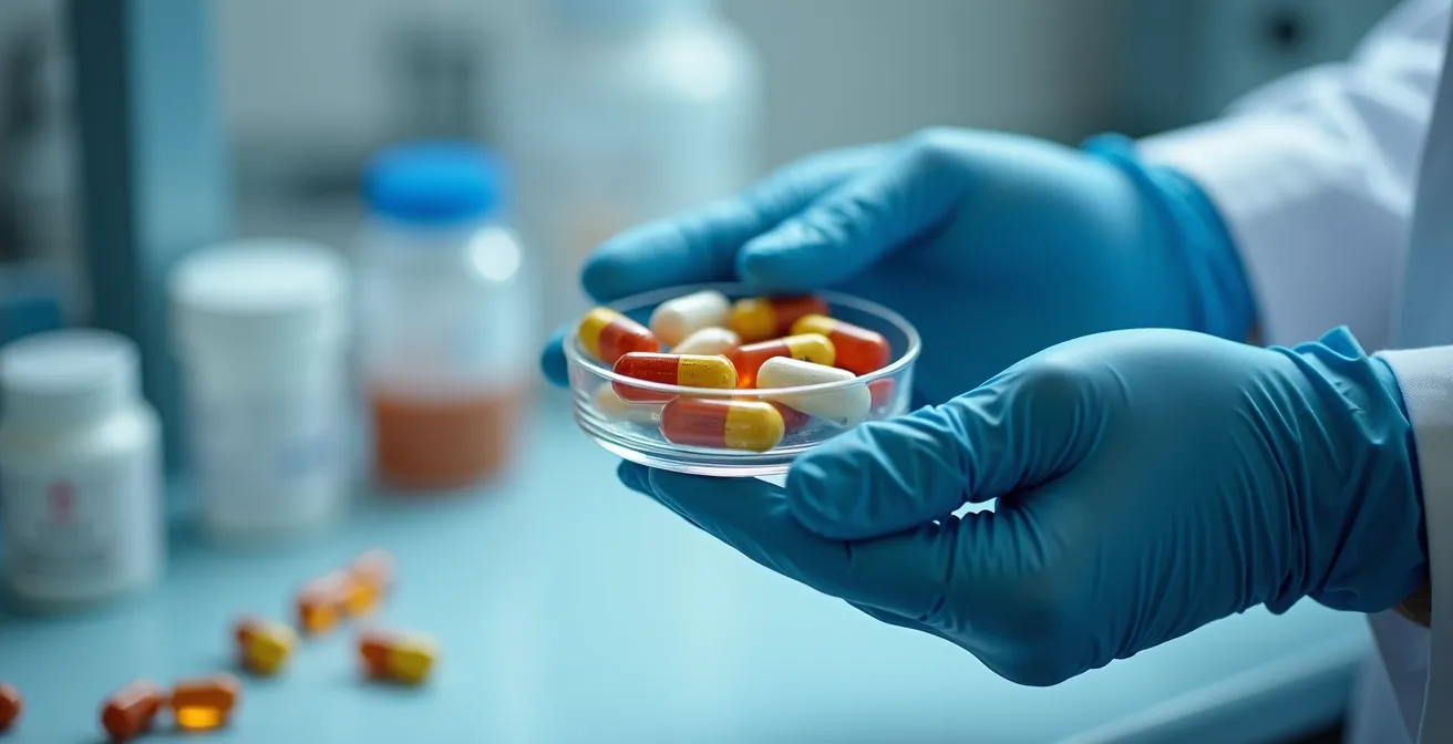 Mains d'un professionnel examinant des gélules dans un laboratoire